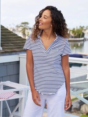 Frank & Eileen || Charlotte Perfect Polo in Navy French Stripe‎ Curved Hem XS